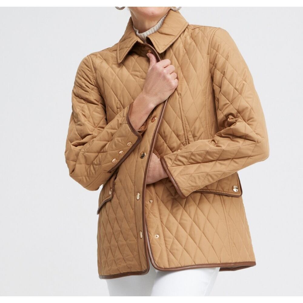 Chico's Quilted Midlength Jacket Neutral Tan Faux Leather Trim Size 3/US 16/18
